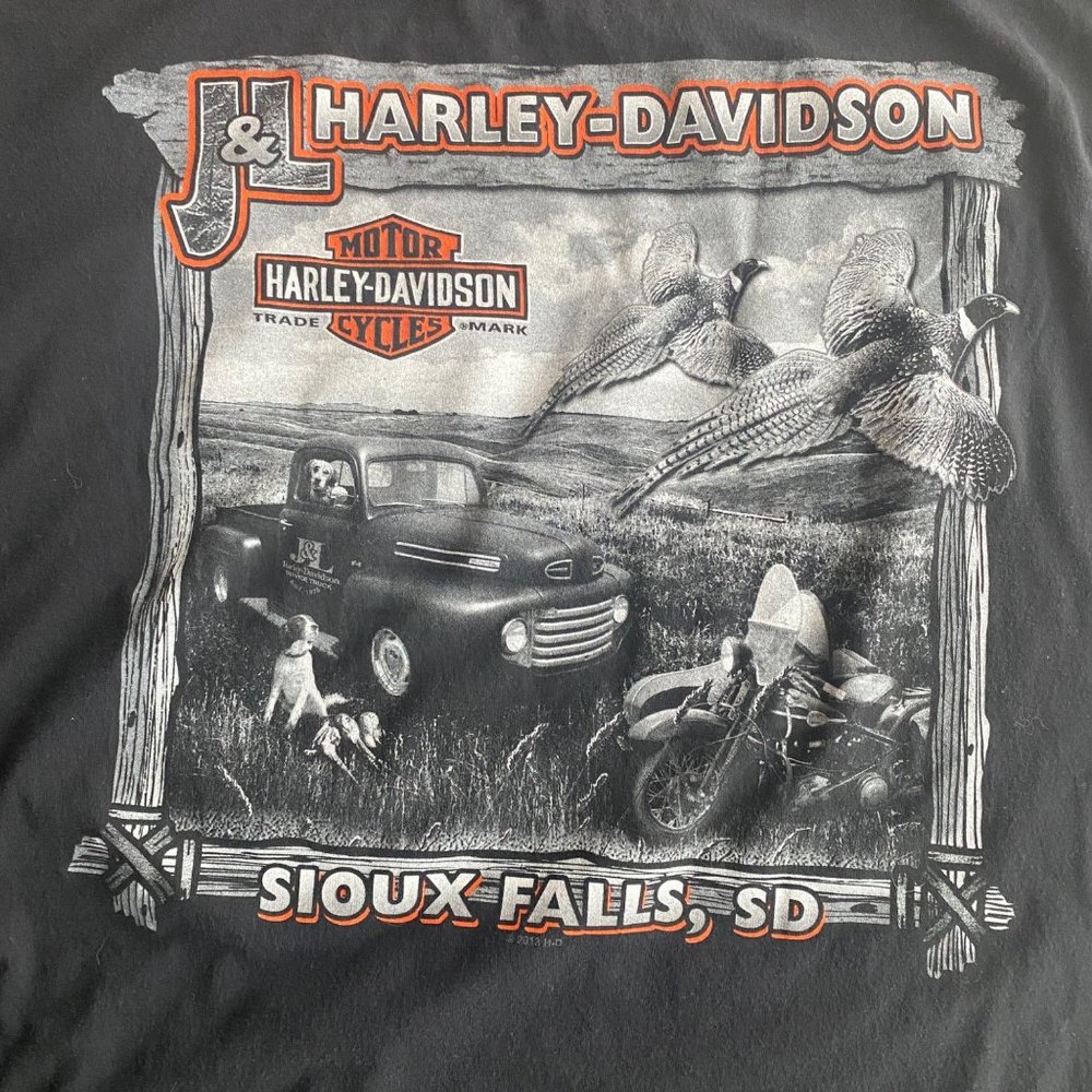 Harley Davidson black t-shirt vintage truck, dog, pheasant, Sioux Falls Men's XL